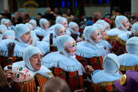 Binche festival carnival in Belgium Brussels. Belgium, carnaval of Binche. UNESCO World Heritage Parade Festival. Belgium, Walloon Municipality, province of Hainaut, village of Binche. The carnival of Binche is an event that takes place each year in the Belgian town of Binche during the Sunday, Monday, and Tuesday preceding Ash Wednesday. The carnival is the best known of several that take place in Belgium at the same time and has been proclaimed as a Masterpiece of the Oral and Intangible Heritage of Humanity listed by UNESCO. Its history dates back to approximately the 14th century.